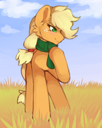 Size: 2020x2520 | Tagged: safe, artist:jackselit, applejack, earth pony, pony, g4, autumn, clothes, female, grass, grass field, high res, mare, scarf, sky, solo