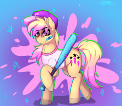 Size: 2322x2013 | Tagged: safe, artist:aaa-its-spook, oc, oc:cam, earth pony, pony, accessory, baseball bat, clothes, female, high res, mare, shirt