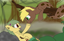 Size: 1848x1200 | Tagged: safe, artist:shappy the lamia, oc, oc:mesme rize, oc:shappy, hybrid, lamia, original species, boop, branches, brooch, brown tail, fangs, female, forked tongue, friendship, green eyes, green tail, heart, jungle, jungle girl, long tail, lying, male, mare, mythology, nature, partners, red eyes, relaxed, relaxing, rock, scales, scenery, snake tail, stallion, swamp, tangled up, tongue out, tree, tree branch, vine, wind, yellow mane