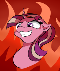 Size: 3112x3681 | Tagged: safe, artist:itchystomach, starlight glimmer, pony, unicorn, g4, antagonist, evil, evil smile, female, fire, grin, high res, machiavellianism, mare, multicolored mane, orange background, s5 starlight, simple background, smiling, solo, stalin glimmer, this will end in communism, this will end in equalization, this will end in gulag, tyrant glimmer, villainess