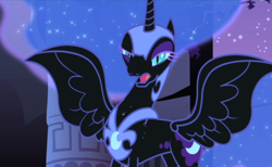 Size: 1242x763 | Tagged: safe, screencap, nightmare moon, alicorn, pony, friendship is magic, g4, antagonist, armor, castle of the royal pony sisters, chestplate, confused, crown, cute, faic, female, flowing mane, flowing tail, funny, funny face, headpiece, horn, mare, open mouth, regalia, slit pupils, solo, wings