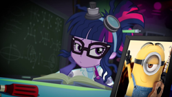 Size: 2560x1440 | Tagged: safe, edit, edited screencap, screencap, sci-twi, twilight sparkle, eqg summertime shorts, equestria girls, g4, mad twience, background pony strikes again, book, crossover, crossover shipping, despicable me, female, laboratory, male, milight, minion, minions, sci-twi's portrait, shipping, smiling, straight, wat, wtf