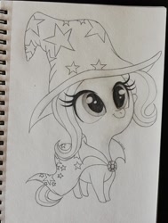 Size: 1280x1695 | Tagged: safe, artist:arnaskela, trixie, pony, unicorn, g4, brooch, cape, chibi, clothes, cute, diatrixes, female, hat, jewelry, mare, sketch, solo, traditional art, trixie's brooch, trixie's cape, trixie's hat