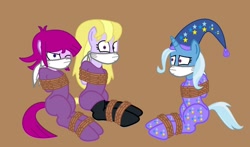 Size: 1280x755 | Tagged: safe, artist:brightstar40k, artist:radiantrealm, edit, fuchsia blush, lavender lace, trixie, pony, g4, arm behind back, bondage, bound and gagged, cloth gag, clothes, equestria girls ponified, female, femsub, footed sleeper, footie pajamas, gag, hat, help us, nightcap, one eye closed, onesie, over the nose gag, pajamas, ponified, rope, rope bondage, simple background, sleepover, slumber party, socks, stockings, submissive, thigh highs, tied up, trio, trixie and the illusions, trixie's nightcap, wide eyes