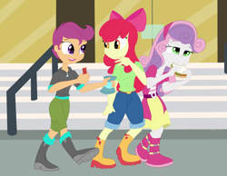 Size: 2160x1680 | Tagged: safe, artist:necrofeline, apple bloom, scootaloo, sweetie belle, series:cutie mark crusaders snack expansion, equestria girls, g4, bar, cutie mark crusaders, eating, female, food, sandwich, this will end in weight gain, trio, trio female, weight gain sequence