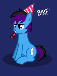 Size: 1140x1520 | Tagged: safe, artist:banquo0, oc, oc:banquo, earth pony, pony, animated, birthday, blinking, gif, hat, noisemaker, party hat, party horn, solo