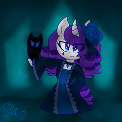 Size: 2000x2000 | Tagged: safe, artist:alannaartroid, rarity, bat, pony, unicorn, g4, alternate hairstyle, alternate universe, beauty mark, choker, clothes, curved horn, dress, eyeliner, female, flower, flower in hair, goth, high res, horn, makeup, mare, mascara, skirt, solo