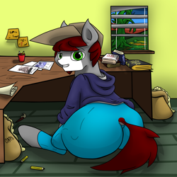 Size: 1920x1920 | Tagged: safe, artist:khaki-cap, oc, oc:khaki-cap, earth pony, pony, bags, book, brush, butt, cap, clothes, commission, commissioner:bigonionbean, dummy thicc, earth pony oc, extra thicc, food, hat, indoors, jean thicc, kinky, large butt, looking at you, looking back, looking back at you, male, oats, paper, pencil, plot, rear, rear view, scroll, sketch, smug, solo, stallion, sticky notes, tail hole, the ass was fat, window, ych example, ych result