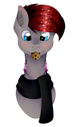 Size: 1492x2492 | Tagged: safe, artist:chazmazda, oc, pony, bust, clothes, commission, commissions open, cookie, emote, food, highlight, nom, photo, portrait, scarf, shade, shine, shiny eyes, simple background, solo, transparent background