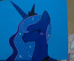 Size: 1080x893 | Tagged: safe, alternate version, artist:mandyd.arts, princess luna, alicorn, pony, g4, bust, ethereal mane, eyes closed, female, mare, smiling, solo, starry mane, traditional art