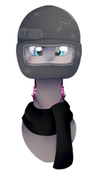 Size: 1492x2492 | Tagged: safe, artist:chazmazda, oc, pony, blushing, bust, clothes, commission, commissions open, helmet, photo, portrait, scarf, shade, shine, short hair, simple background, solo, streamer, transparent, transparent background