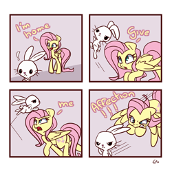 Size: 1500x1500 | Tagged: safe, artist:lou, angel bunny, fluttershy, pegasus, pony, g4, angel is a bunny bastard, behaving like a cat, comic, cute, dialogue, female, fluttershy is not amused, mare, meme, open mouth, running, shyabetes, unamused, you're going to love me