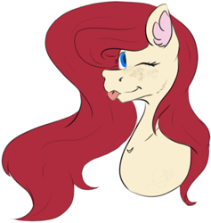 Size: 453x478 | Tagged: safe, artist:chazmazda, oc, pony, blue eyes, bust, commission, commissions open, fluffy, freckles, friend, long hair, one eye closed, photo, portrait, present, red hair, simple background, sketch, solo, tongue out, white background, wink