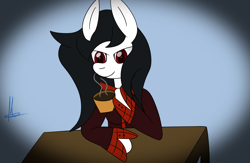 Size: 2937x1913 | Tagged: safe, artist:almaustral, oc, oc only, oc:lighting wind, earth pony, pony, bust, clothes, coffee, cup, earth pony oc, mug, signature, solo