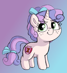 Size: 675x735 | Tagged: safe, artist:heretichesh, cozy glow, sweetie belle, pony, unicorn, g4, bow, cozy belle, cozybetes, cute, diasweetes, female, filly, freckles, fusion, gradient background, hair bow, smug, solo, tail bow