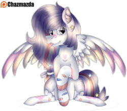 Size: 3740x3257 | Tagged: safe, artist:chazmazda, oc, oc only, pegasus, pony, bandaid, bandaid on nose, clothes, commission, commissions open, cute, feather, full body, high res, highlight, hooves, markings, pegasus oc, photo, rainbow, shade, shine, shiny eyes, simple background, socks, solo, stars, tongue out, transparent background