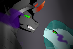 Size: 3000x2000 | Tagged: safe, artist:toptian, king sombra, oc, earth pony, pony, unicorn, g4, curved horn, duo, earth pony oc, high res, horn, male, mind control, sombra eyes, stallion