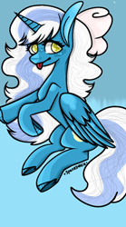 Size: 280x504 | Tagged: safe, artist:xspacedolliex, oc, oc only, oc:fleurbelle, alicorn, pony, adorabelle, alicorn oc, blue background, bow, cute, female, hair bow, horn, mare, ocbetes, simple background, solo, tongue out, wingding eyes, wings, yellow eyes