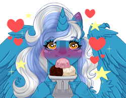 Size: 1024x793 | Tagged: safe, artist:dranconiusadrill, oc, oc only, oc:fleurbelle, alicorn, pony, alicorn oc, blushing, female, food, heart, heart eyes, hoof hold, horn, ice cream, mare, simple background, solo, sparkles, stars, transparent background, wingding eyes, wings, yellow eyes