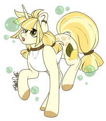 Size: 830x950 | Tagged: safe, artist:silentwolf-oficial, oc, oc only, pony, unicorn, bubble, choker, colored hooves, horn, open mouth, raised hoof, signature, simple background, solo, transparent background, unicorn oc, watermark