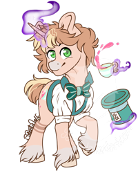 Size: 600x750 | Tagged: safe, artist:silentwolf-oficial, oc, oc only, pony, unicorn, cup, glowing horn, hat, hoof fluff, horn, magic, signature, simple background, solo, teacup, telekinesis, top hat, transparent background, unicorn oc, watermark