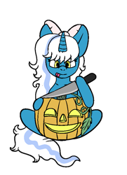 Size: 581x804 | Tagged: safe, artist:polteradopts, oc, oc only, oc:fleurbelle, alicorn, pony, alicorn oc, bow, female, hair bow, halloween, holiday, horn, knife, mare, pumpkin, simple background, solo, transparent background, wings, yellow eyes