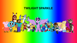 Size: 2560x1440 | Tagged: safe, twilight sparkle, alicorn, bird, blue jay, cardinal, cat, chipmunk, dog, duck, hedgehog, human, pig, pony, rabbit, anthro, digitigrade anthro, plantigrade anthro, semi-anthro, g4, 1000 hours in ms paint, almost naked animals, alvin and the chipmunks, alvin seville, angry birds, animal, anthro with ponies, ass, breadwinners, bunny ears, butt, crossover, despicable me, gacha club, gacha life, gacha studio, gachaverse, gumball watterson, howie, male, mario, minecraft, minion, minions, mordecai, moviestarplanet, peppa pig, peppa pig (character), rabbid, rabbids, rabbids invasion, rainbow, rainbow background, red bird, regular show, roblox, sonic the hedgehog, sonic the hedgehog (series), steve, super mario bros., swaysway, talking tom, talking tom and friends, the amazing world of gumball, twerking, twilight sparkle (alicorn), wat