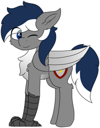Size: 3496x4475 | Tagged: safe, artist:skylarpalette, oc, oc only, oc:blitz streak, hippogriff, blue eyes, blue mane, cheek fluff, chest fluff, colored, cute, ear fluff, flat colors, fluffy, gray coat, happy, hippogriff oc, large wings, looking back, male, one eye closed, simple background, smiling, solo, stallion, standing, talons, transparent background, wings, wink