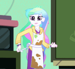 Size: 930x860 | Tagged: safe, screencap, princess celestia, principal celestia, equestria girls, g4, my little pony equestria girls: summertime shorts, subs rock, animated, apron, bracelet, brooch, celestia is not amused, classroom, clothes, cropped, cutie mark accessory, cutie mark brooch, deep breath, female, frustrated, frustration, gif, jewelry, solo, unamused, watch, wristwatch