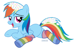 Size: 1200x789 | Tagged: safe, artist:jennieoo, rainbow dash, pegasus, pony, g4, butt, clothes, cute, food, happy, lying down, missing cutie mark, plot, prone, rainbow, rainbow socks, sexy, show accurate, simple background, smiling, socks, solo, sprinkles, stockings, striped socks, sweet, thigh highs, transparent background, vector