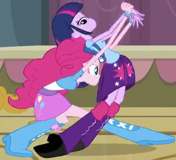 Size: 560x510 | Tagged: safe, screencap, pinkie pie, twilight sparkle, equestria girls, g4, my little pony equestria girls, bad touch, cropped, female, out of context, personal space invasion, pinkie being pinkie