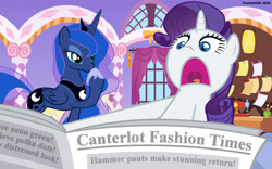 Size: 1500x938 | Tagged: safe, artist:framwinkle, princess luna, rarity, alicorn, pony, unicorn, g4, dream, dream walker luna, female, mare, newspaper, prank