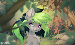 Size: 1556x940 | Tagged: safe, artist:kez, oc, oc only, oc:elli, earth pony, pony, bust, chest fluff, forest, solo