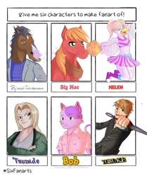Size: 1920x2293 | Tagged: safe, artist:holy-astronaut, big macintosh, cat, earth pony, human, pony, anthro, g4, animal crossing, anthro with ponies, bojack horseman, bust, cheerleader, clothes, crossover, freckles, horse collar, male, persona, persona 4, pom pom, six fanarts, skirt, stallion