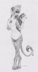 Size: 1929x3639 | Tagged: safe, artist:joestick, gabby, griffon, anthro, digitigrade anthro, g4, bracelet, clothes, female, hooty, jewelry, looking at you, ring, shirt, shorts, solo, tail, tail ring, the owl house, traditional art, waving