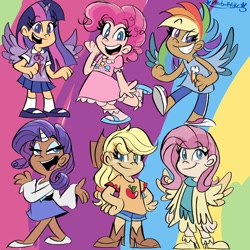 Size: 1280x1280 | Tagged: safe, artist:mirabuncupcakes15, applejack, fluttershy, pinkie pie, rainbow dash, rarity, twilight sparkle, human, g4.5, my little pony: pony life, alicorn humanization, alternate hairstyle, applejack's hat, belt, boots, clothes, converse, cowboy boots, cowboy hat, cute, dark skin, eyeshadow, female, flats, grin, hat, high heel boots, horn, horned humanization, humanized, makeup, mane six, mary janes, open mouth, pants, scarf, shirt, shoes, shorts, skirt, smiling, socks, sweater, sweatershy, sweatpants, t-shirt, tank top, vest, winged humanization