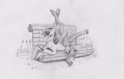 Size: 4191x2681 | Tagged: safe, artist:joestick, bon bon, lyra heartstrings, sweetie drops, earth pony, pony, unicorn, g4, bench, bon bon is not amused, book, chest fluff, female, flower, high res, l.u.l.s., mare, reading, silly, silly pony, traditional art, unamused, upside down