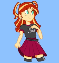Size: 1024x1084 | Tagged: dead source, safe, artist:pettypop, sunset shimmer, equestria girls, g4, belt, boots, clothes, ear piercing, earring, guitar pick, jewelry, lip piercing, necklace, piercing, pigtails, shirt, shoes, skirt, solo, t-shirt, tattoo, thigh boots