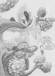 Size: 1280x1754 | Tagged: safe, artist:joestick, oc, pony, dialogue, duo, female, male, ponyville, text, traditional art, tree, tree branch
