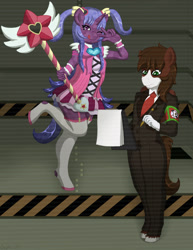Size: 1700x2200 | Tagged: safe, artist:scylla the kelpie, oc, oc only, oc:pathfinder, oc:schorl tourmaline, crystal pony, crystal unicorn, pegasus, unicorn, anthro, anomaly, anthro oc, clothes, cosplay, costume, duo, kneesocks, lobotomy corporation, magical girl, pigtails, pose, recording, socks, suit, the queen of hatred, wand