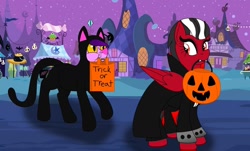 Size: 1280x772 | Tagged: safe, artist:small-brooke1998, oc, oc:outil, earth pony, pegasus, pony, animal costume, cat costume, clothes, costume, crossover, dracula, halloween, halloween costume, holiday, kigurumi, mouth hold, ponified, pumpkin bucket, shatter (transformers), transformers, vampire costume