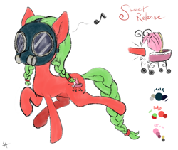 Size: 1150x972 | Tagged: safe, artist:underwoodart, oc, oc:sweet release, earth pony, pony, colored, cutie mark, earth pony oc, gas mask, humming, mask, palette, simple background, sketch