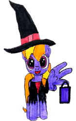 Size: 1968x3154 | Tagged: safe, artist:topsangtheman, cloud kicker, pegasus, pony, g4, clothes, costume, halloween, holiday, looking at you, simple background, solo, staring into your soul, traditional art, transparent background, trick or treat, witch