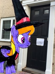 Size: 2448x3264 | Tagged: safe, artist:topsangtheman, cloud kicker, pegasus, pony, g4, clothes, coronavirus, costume, halloween, high res, holiday, house, irl, photo, ponies in real life, solo, traditional art, trick or treat, witch