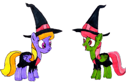 Size: 3008x2006 | Tagged: safe, alternate version, artist:topsangtheman, cloud kicker, merry may, pegasus, pony, g4, clothes, copycat, costume, high res, simple background, transparent background, witch