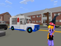 Size: 2048x1536 | Tagged: safe, artist:topsangtheman, cloud kicker, pegasus, pony, g4, clothes, costume, house, ice cream truck, looking at you, minecraft, solo, traditional art, witch
