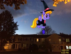 Size: 3264x2448 | Tagged: safe, artist:topsangtheman, cloud kicker, earth pony, pony, g4, clothes, costume, flying, halloween, high res, holiday, house, irl, photo, ponies in real life, solo, trick or treat, witch