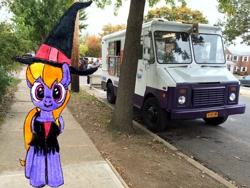 Size: 3264x2448 | Tagged: safe, artist:topsangtheman, cloud kicker, pegasus, pony, g4, clothes, costume, high res, ice cream truck, irl, looking at you, photo, ponies in real life, solo, witch