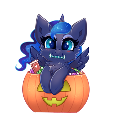 Size: 2510x2660 | Tagged: safe, artist:confetticakez, princess luna, alicorn, pony, g4, blushing, candy, chest fluff, chibi, cute, eyeshadow, female, food, halloween, high res, holiday, looking at you, lunabetes, makeup, mare, mouth hold, pumpkin, pumpkin bucket, simple background, solo, transparent background