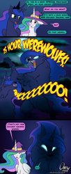 Size: 800x1963 | Tagged: safe, artist:omny87, princess celestia, princess luna, alicorn, hybrid, pony, werewolf, wolf, g4, awoo, blue eyes, clothes, comic, dialogue, fangs, female, glowing, glowing eyes, hat, horn, howl, owo, text, wings, witch hat